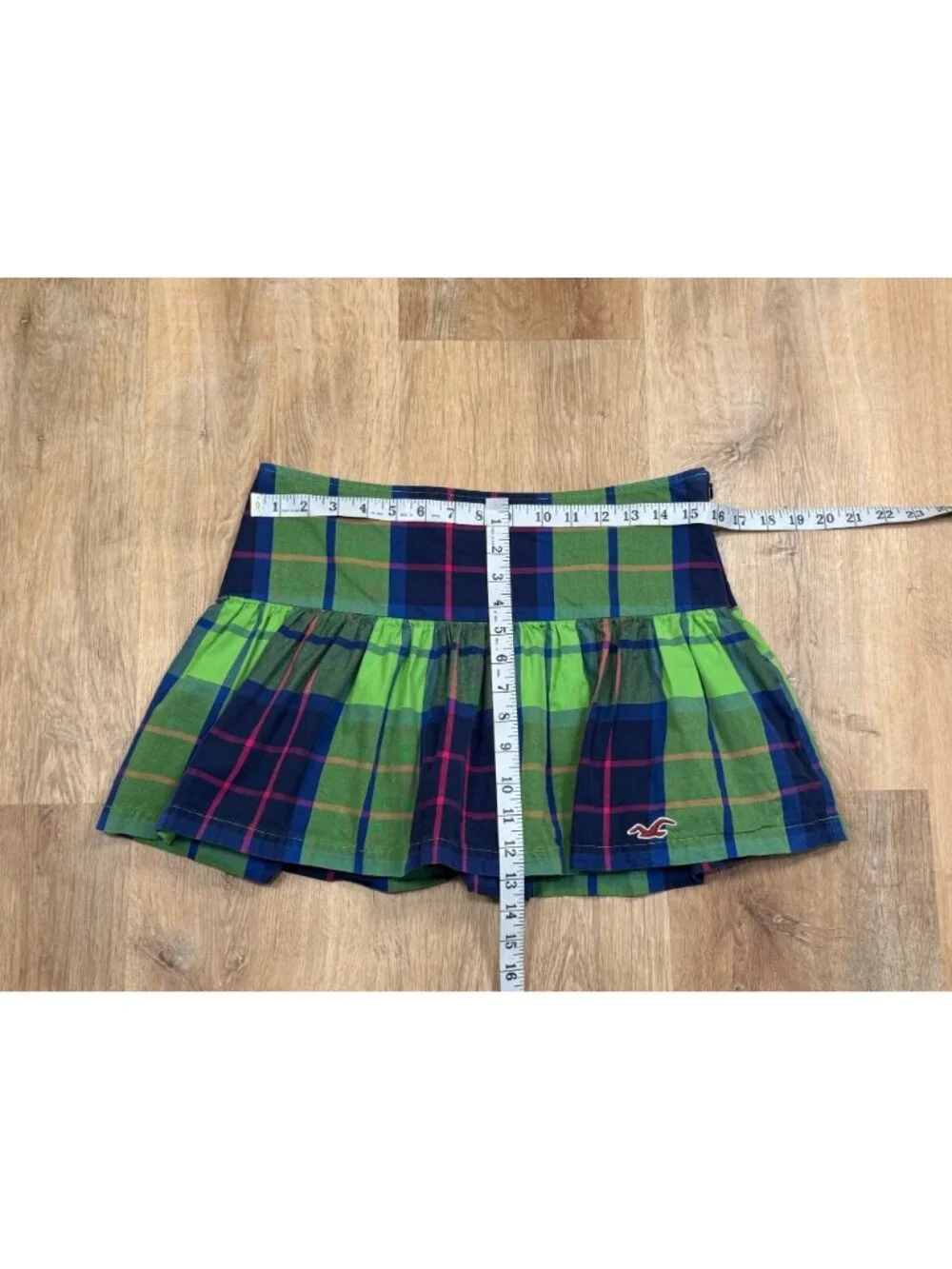 Y2K Plaid Hollister Micro Mini Skirt Size 7 Green & Navy With Side Zip Closure
